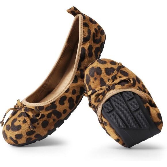 Shoes - Women's Leopard Flats Foldable Ballet Bowknot Round Toe Comfort Light Weight